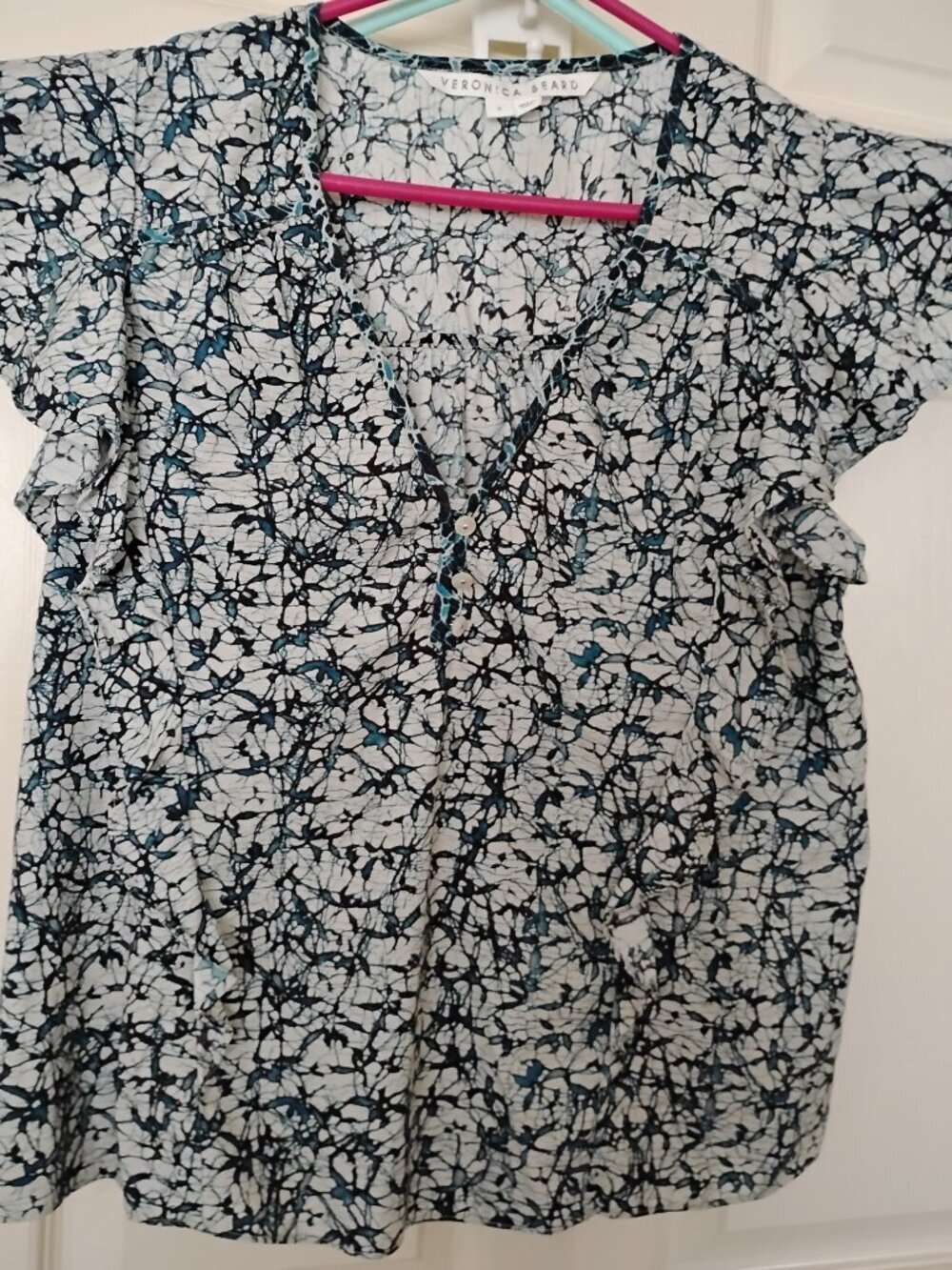 Veronica Beard Blue/Black Flutter Sleeve Top - Picture 2 of 3